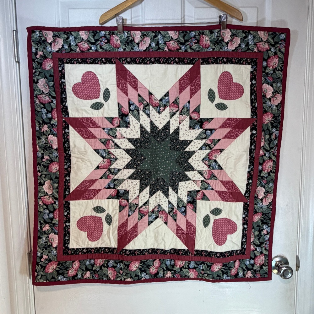 Handmade Lone Star Quilt Pink Burgundy Floral Heart Wall Hanging 33x33 Cottage